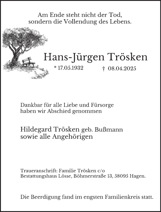 Traueranzeige von Hans-Jürgen Trösken von Tageszeitung