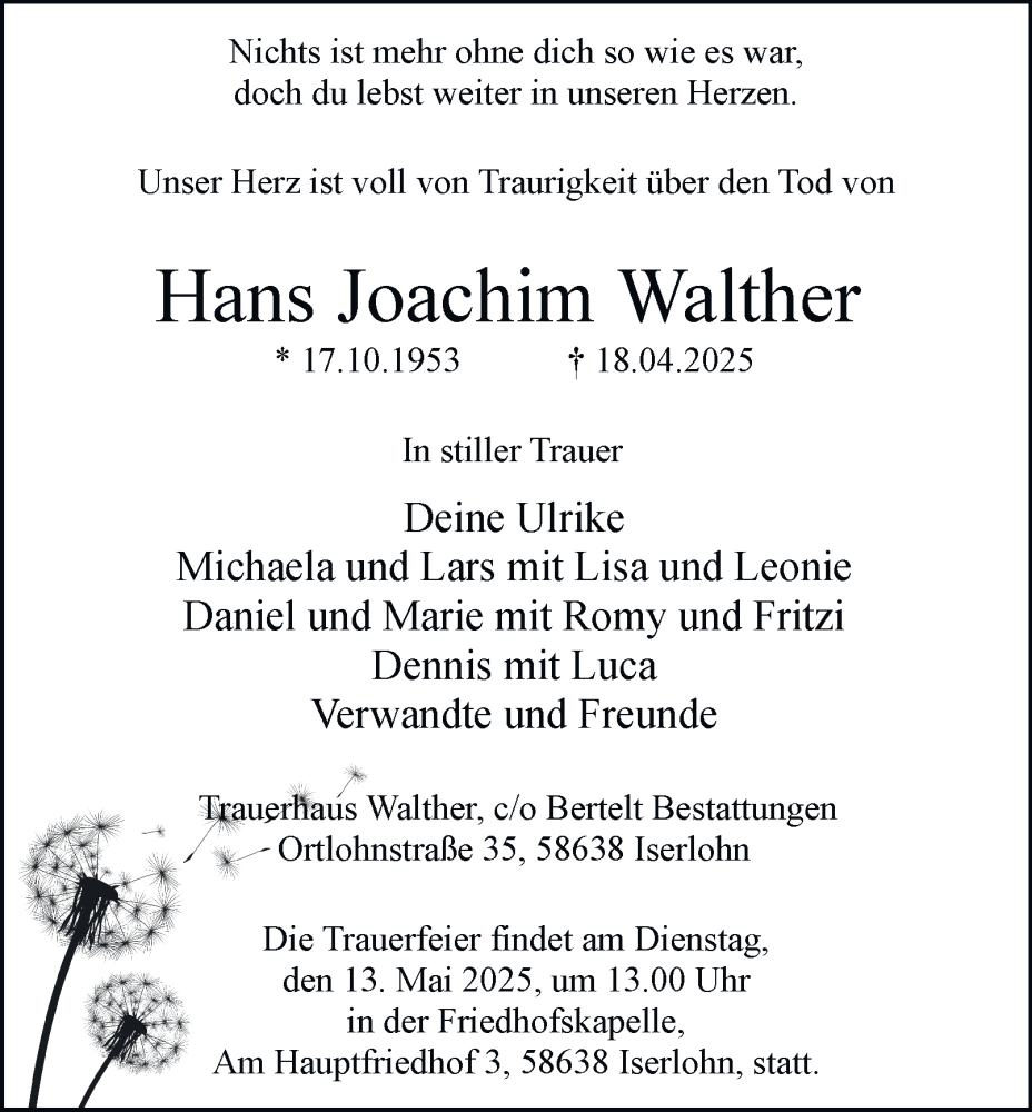  Traueranzeige für Hans Joachim Walther vom 03.05.2025 aus Tageszeitung