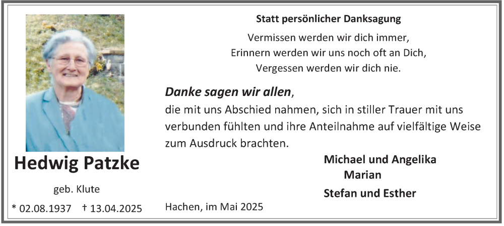  Traueranzeige für Hedwig Patzke vom 24.05.2025 aus Tageszeitung