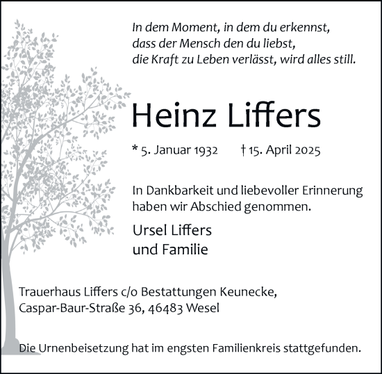Traueranzeige von Heinz Liffers von Tageszeitung