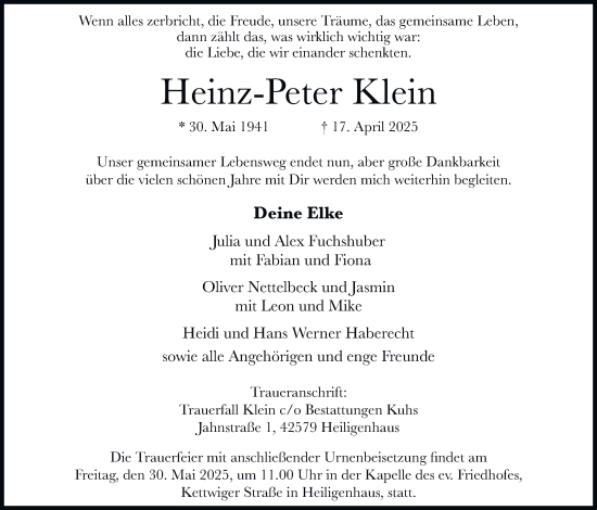 Traueranzeige von Heinz-Peter Klein von Tageszeitung