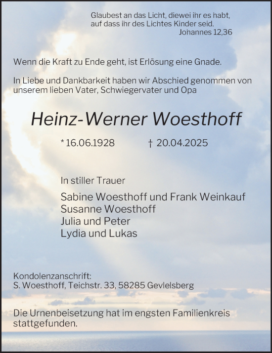 Traueranzeige von Heinz-Werner Woesthoff von Tageszeitung