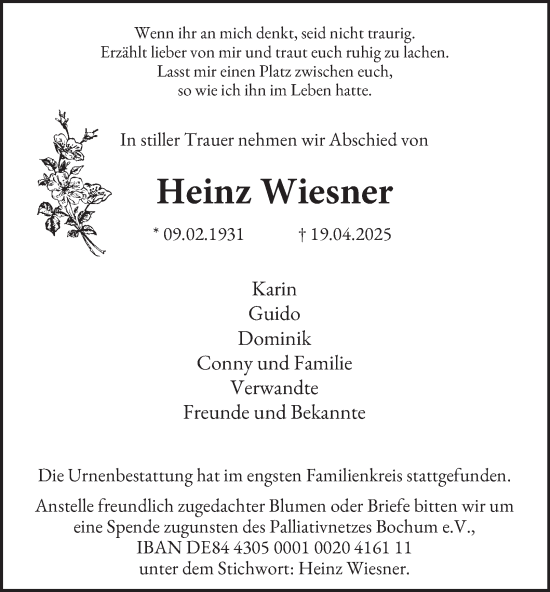 Traueranzeige von Heinz Wiesner von Tageszeitung