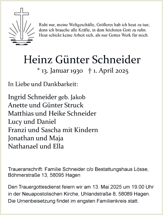 Traueranzeige von Heinz Günter Schneider von Tageszeitung