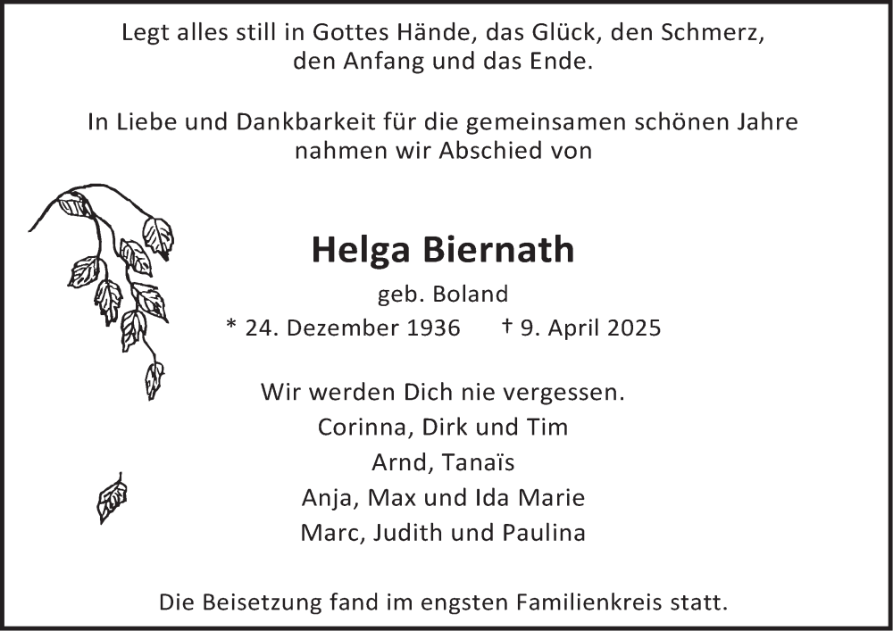  Traueranzeige für Helga Biernath vom 03.05.2025 aus Tageszeitung