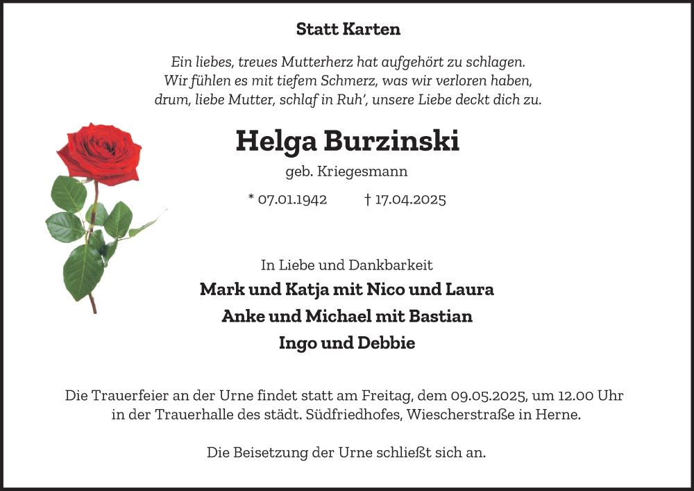  Traueranzeige für Helga Burzinski vom 03.05.2025 aus Tageszeitung