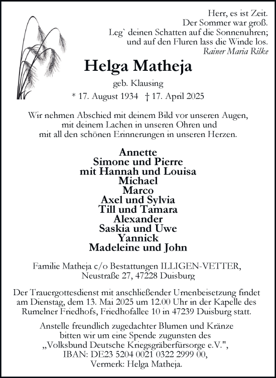 Traueranzeige von Helga Matheja von Tageszeitung