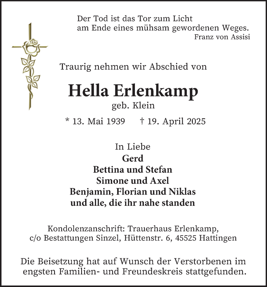  Traueranzeige für Hella Erlenkamp vom 03.05.2025 aus Tageszeitung