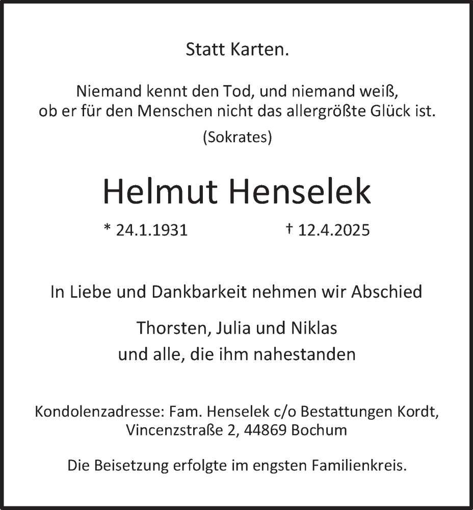  Traueranzeige für Helmut Henselek vom 03.05.2025 aus Tageszeitung