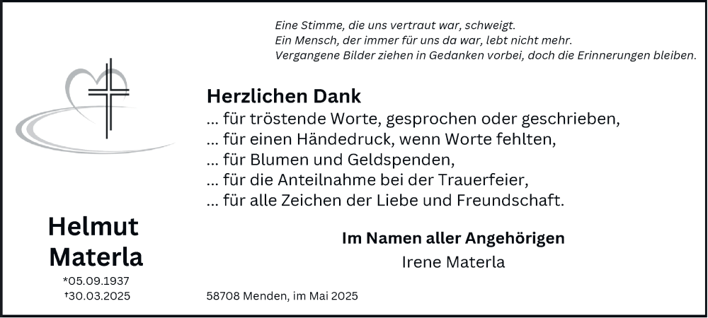  Traueranzeige für Helmut Materla vom 10.05.2025 aus Tageszeitung