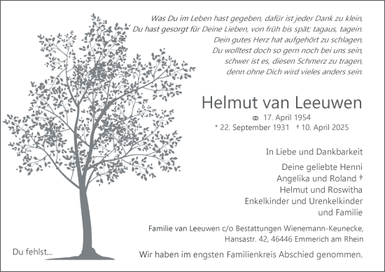 Traueranzeige von Helmut van Leeuwen von Tageszeitung