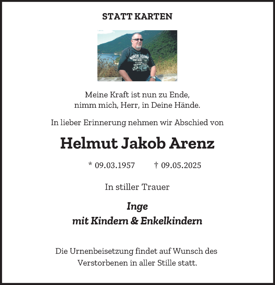  Traueranzeige für Helmut Jakob Arenz vom 17.05.2025 aus Tageszeitung