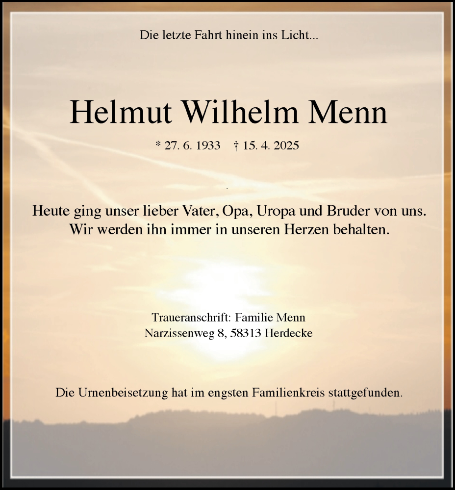  Traueranzeige für Helmut Wilhelm Menn vom 03.05.2025 aus Tageszeitung