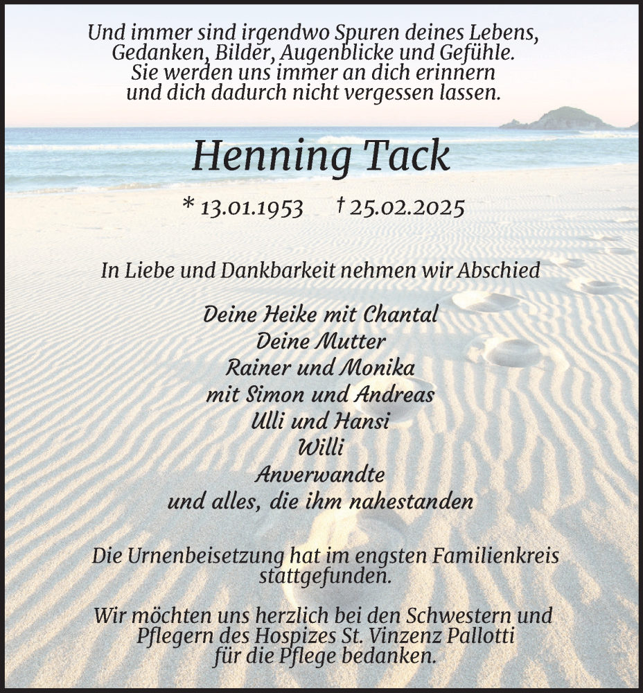  Traueranzeige für Henning Tack vom 10.05.2025 aus Tageszeitung