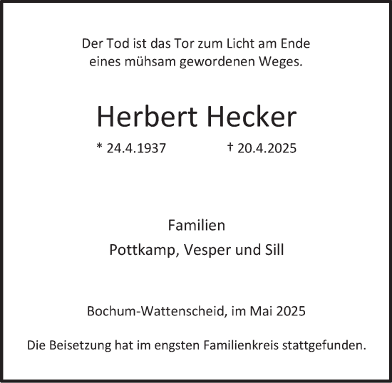 Traueranzeige von Herbert Hecker von Tageszeitung