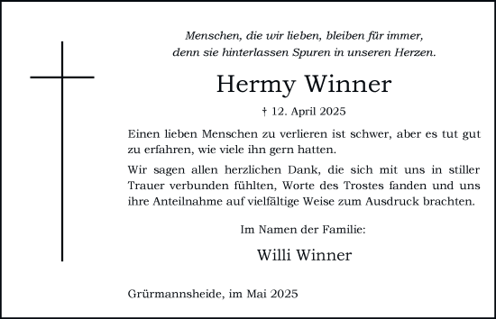 Traueranzeige von Hermy Winner von Tageszeitung