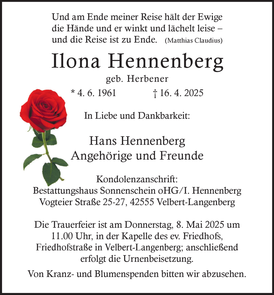  Traueranzeige für Ilona Hennenberg vom 03.05.2025 aus Tageszeitung