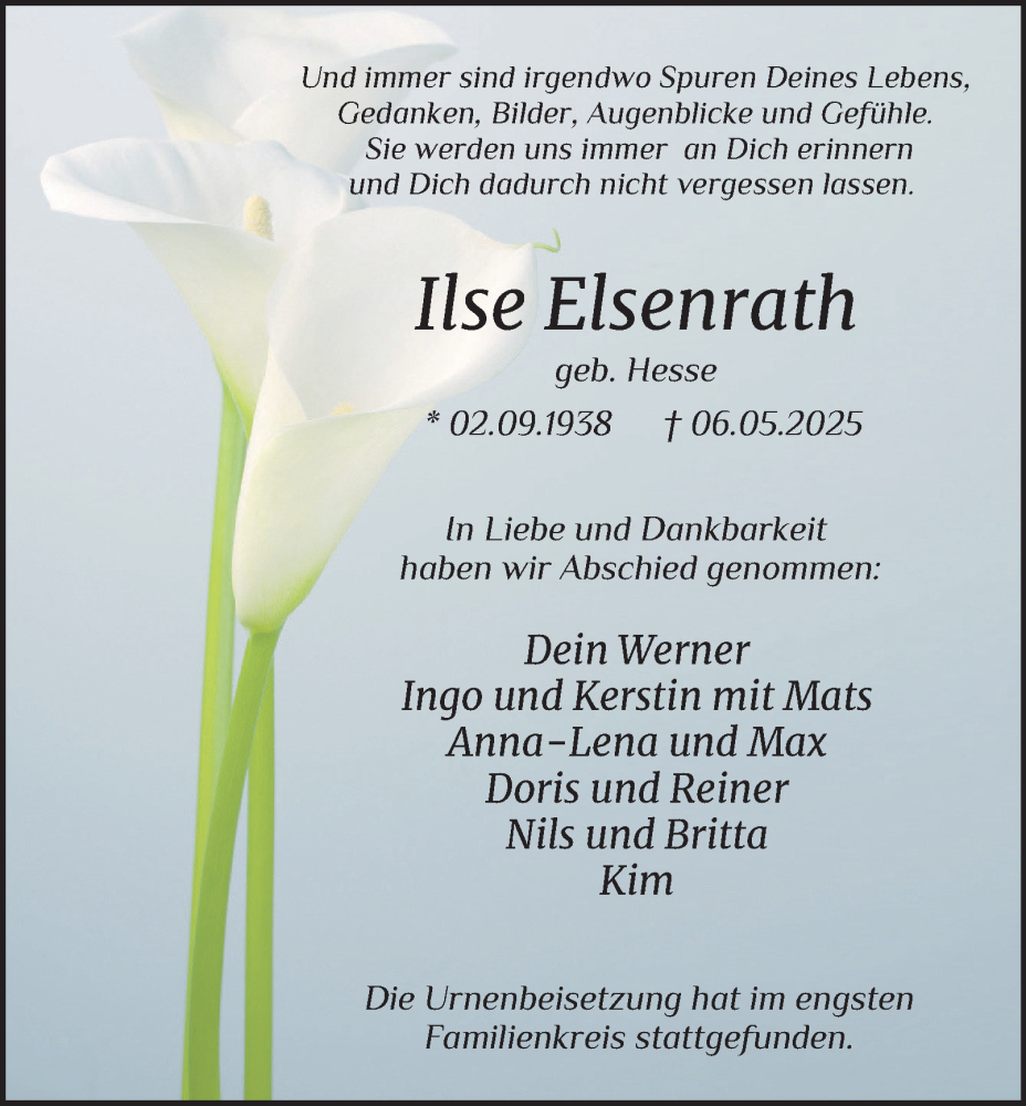  Traueranzeige für Ilse Elsenrath vom 31.05.2025 aus Tageszeitung
