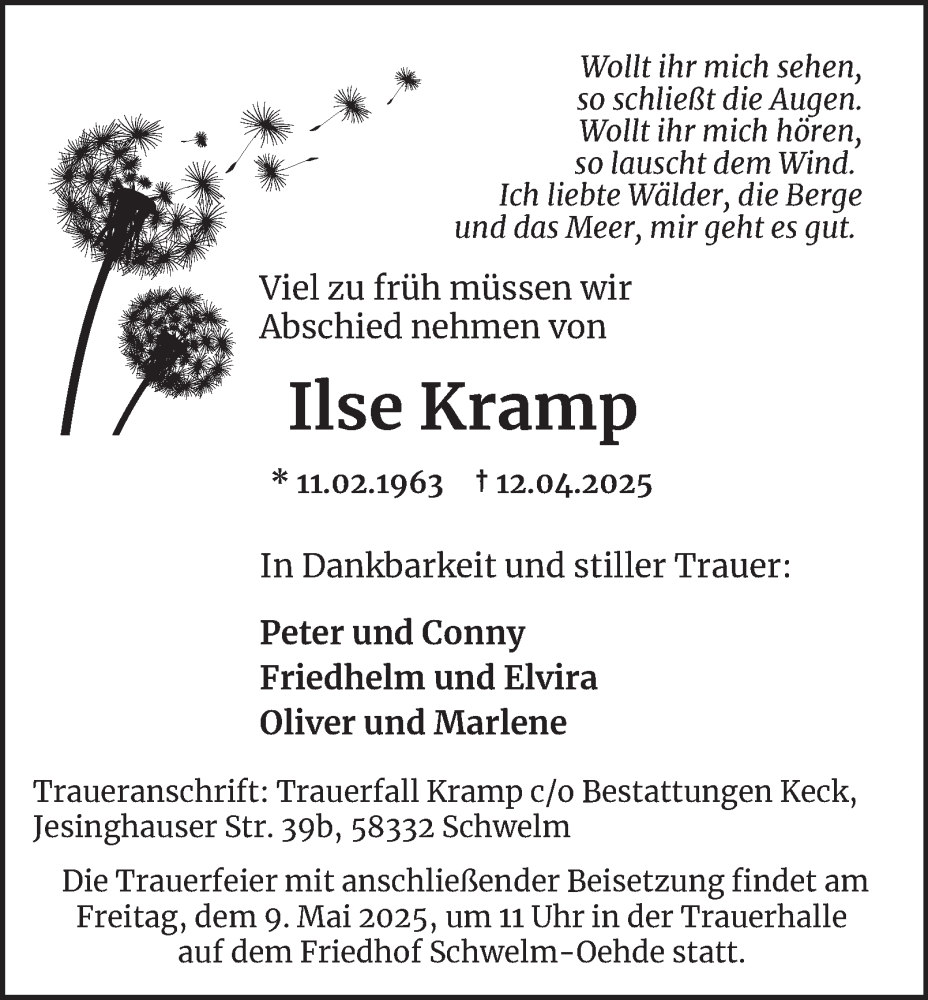  Traueranzeige für Ilse Kramp vom 03.05.2025 aus Tageszeitung