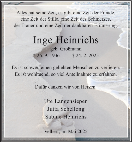 Traueranzeige von Inge Heinrichs von Tageszeitung