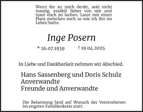 Traueranzeige von Inge Posern von Tageszeitung