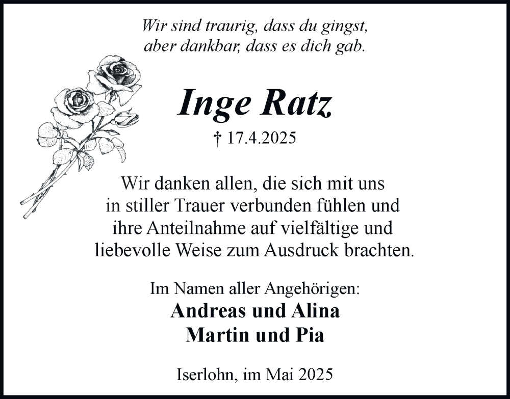  Traueranzeige für Inge Ratz vom 24.05.2025 aus Tageszeitung