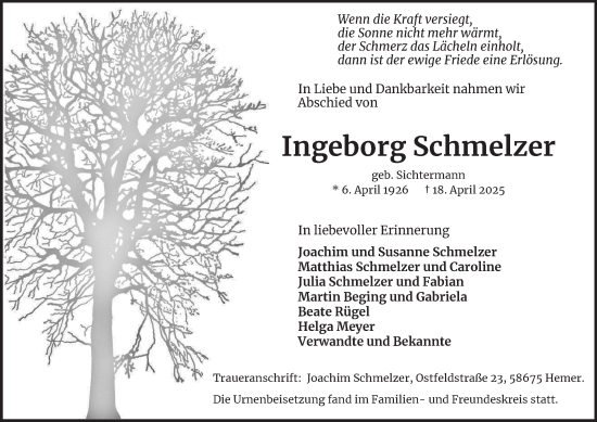 Traueranzeige von Ingeborg Schmelzer von Tageszeitung