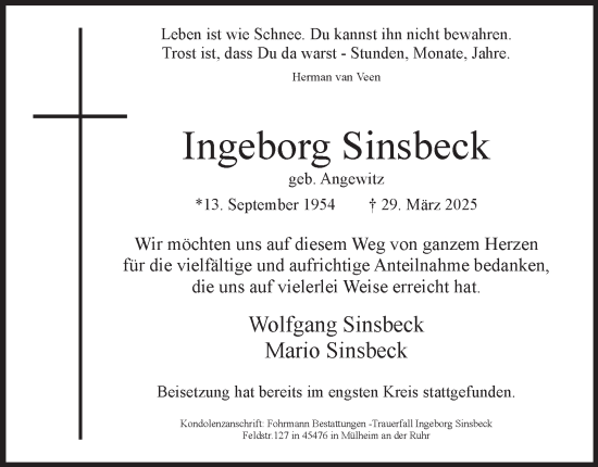 Traueranzeige von Ingeborg Sinsbeck von Tageszeitung
