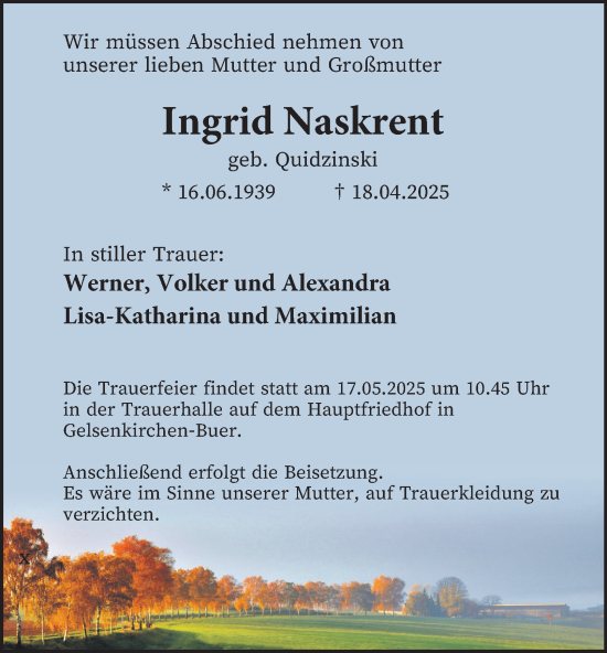 Traueranzeige von Ingrid Naskrent von Tageszeitung