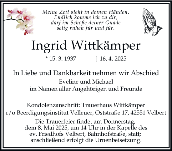 Traueranzeige von Ingrid Wittkämper von Tageszeitung