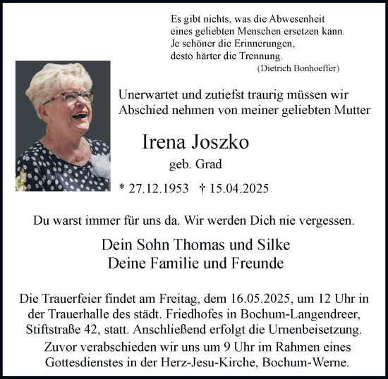 Traueranzeige von Irena Joszko von Tageszeitung