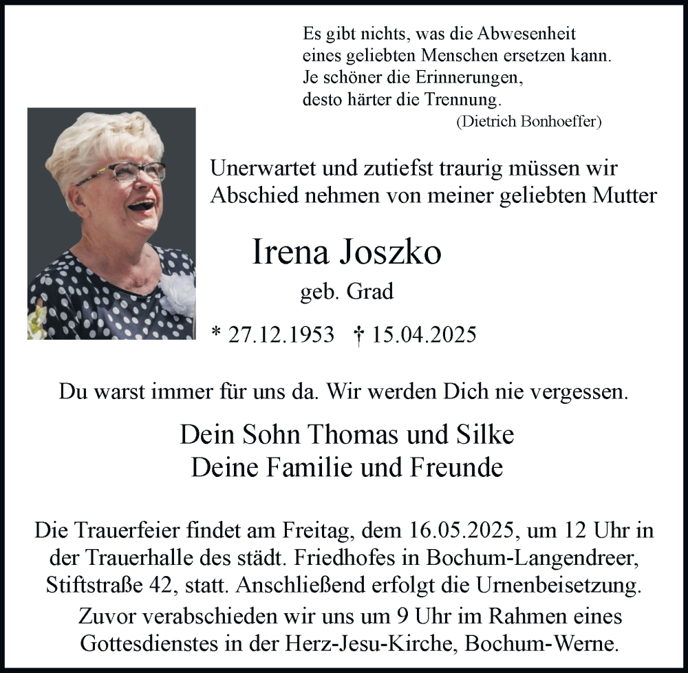  Traueranzeige für Irena Joszko vom 10.05.2025 aus Tageszeitung