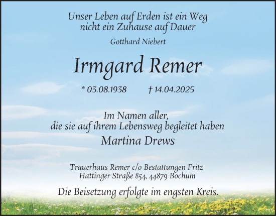 Traueranzeige von Irmgard Remer von Tageszeitung
