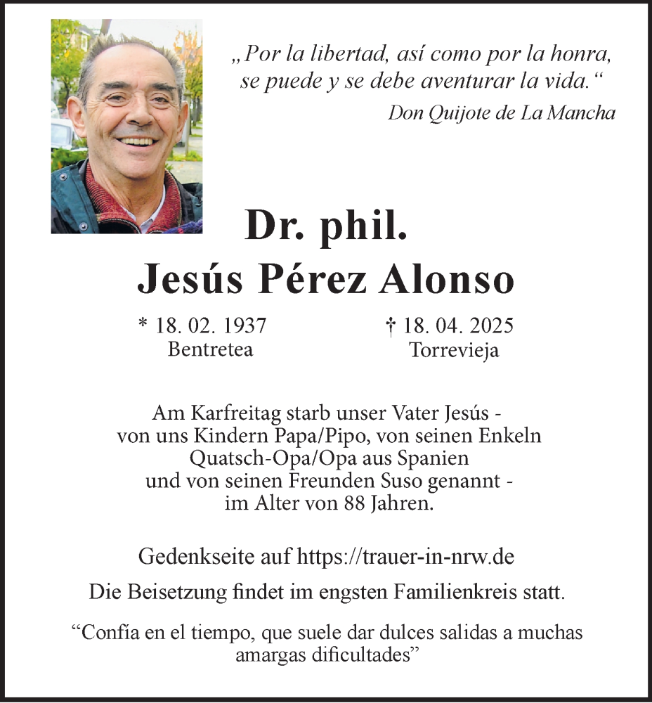  Traueranzeige für Jesús Pérez Alonso vom 07.05.2025 aus Tageszeitung