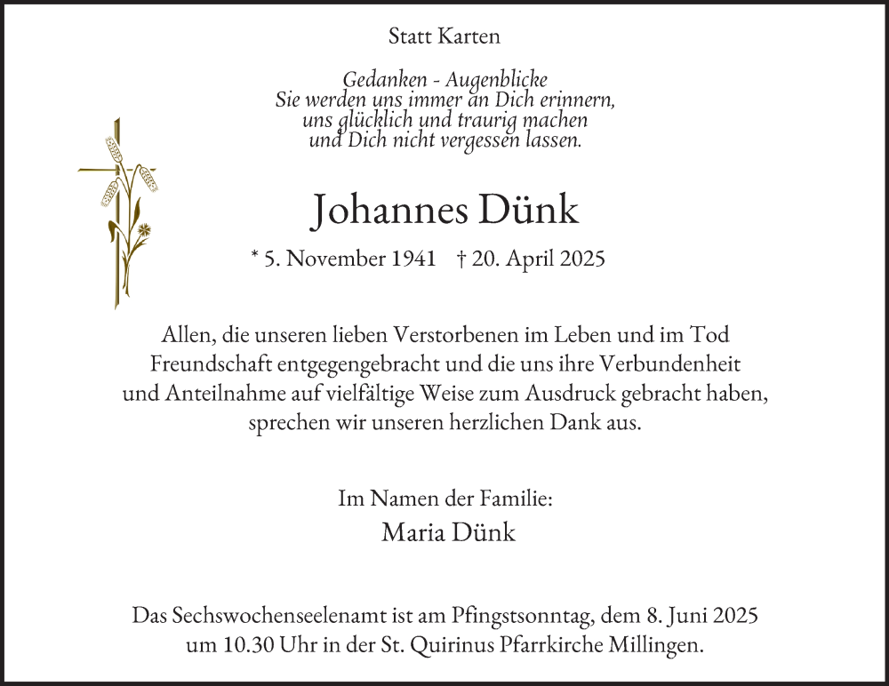  Traueranzeige für Johannes Dünk vom 31.05.2025 aus Tageszeitung