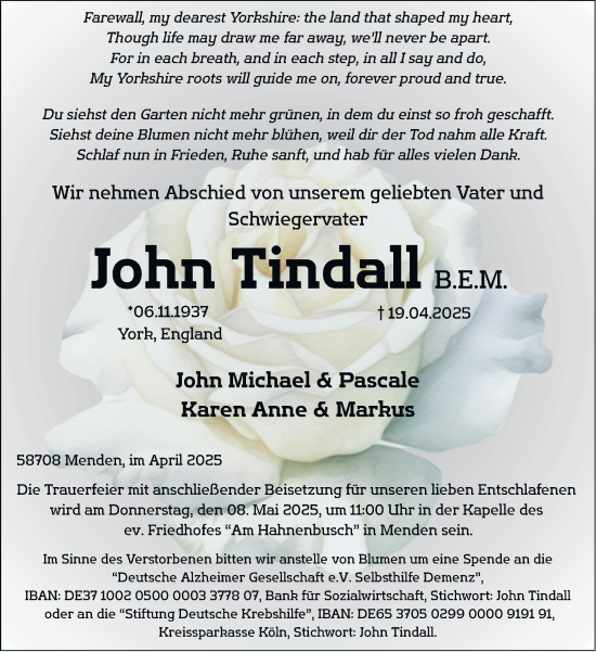 Traueranzeige von John Tindall von Tageszeitung