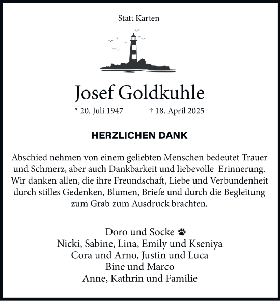 Traueranzeige von Josef Goldkuhle von Tageszeitung