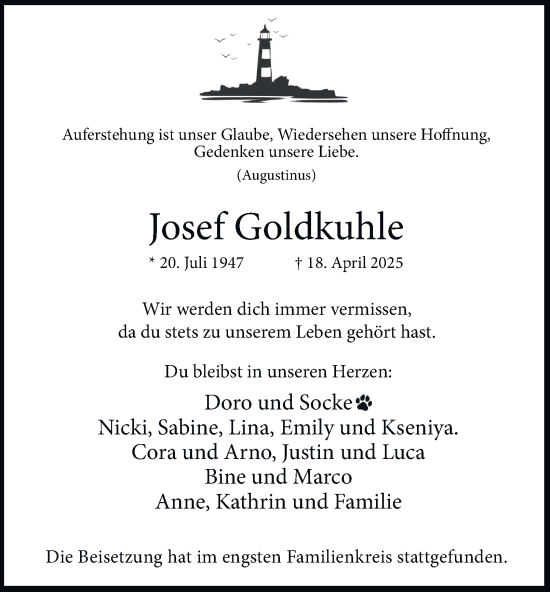 Traueranzeige von Josef Goldkuhle von Tageszeitung