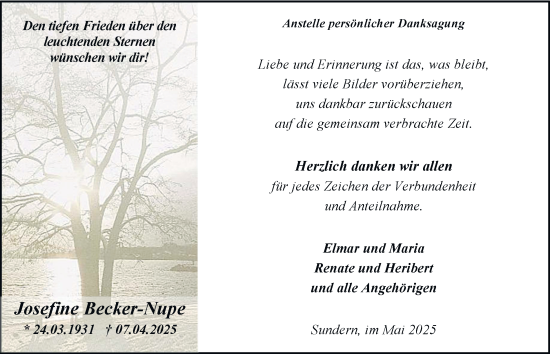 Traueranzeige von Josefine Becker-Nupe von Tageszeitung