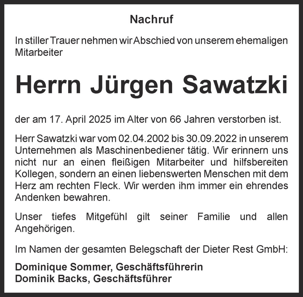  Traueranzeige für Jürgen Sawatzki vom 03.05.2025 aus Tageszeitung