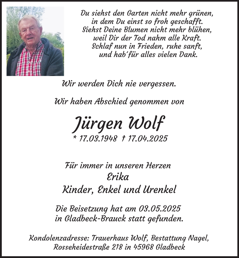  Traueranzeige für Jürgen Wolf vom 10.05.2025 aus Tageszeitung