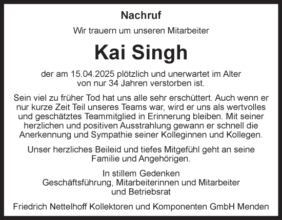 Traueranzeige von Kai Singh von Tageszeitung
