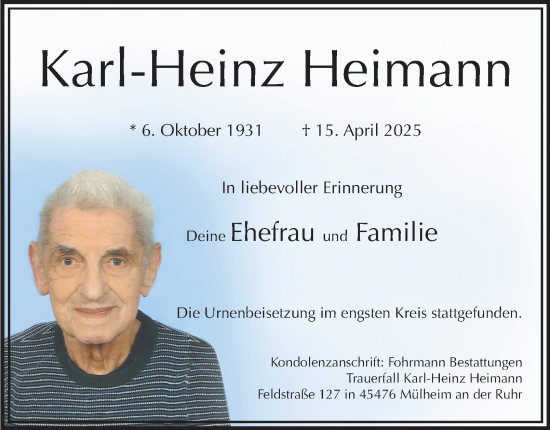 Traueranzeige von Karl-Heinz Heimann von Tageszeitung
