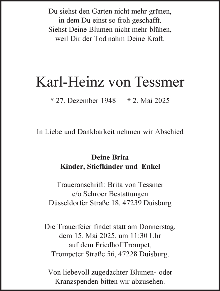  Traueranzeige für Karl-Heinz von Tessmer vom 10.05.2025 aus Tageszeitung