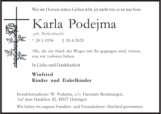 Traueranzeige von Karla Podejma von Tageszeitung