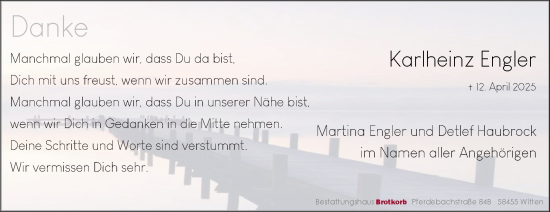 Traueranzeige von Karlheinz Engler von Tageszeitung
