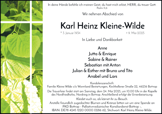 Traueranzeige von Karl Heinz Kleine-Wilde von Tageszeitung