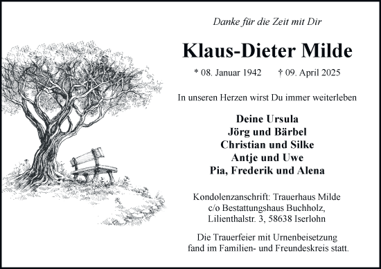 Traueranzeige von Klaus-Dieter Milde von Tageszeitung
