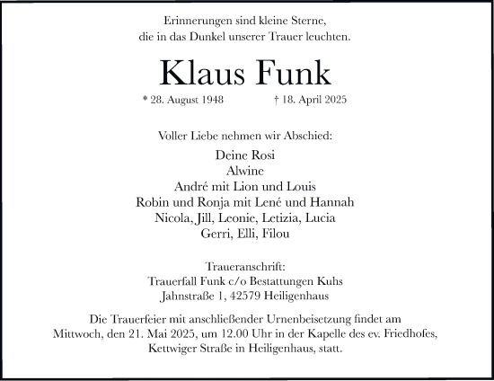 Traueranzeige von Klaus Funk von Tageszeitung
