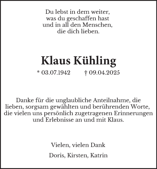 Traueranzeige von Klaus Kühling von Tageszeitung